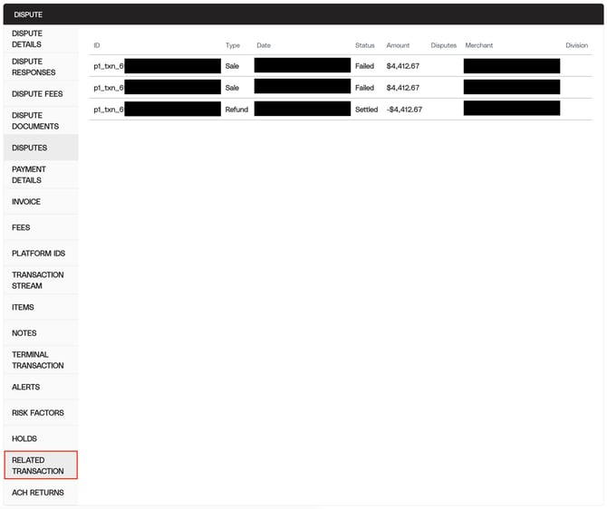 Redacted Screenshot of the Related Transactions under a dispute