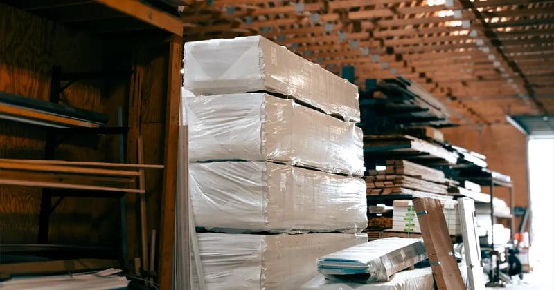 The warehouse of a building supply center, holding a lot of inventory